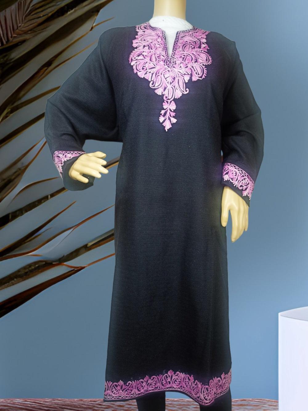 Black traditional dress with pink embroidery on neckline, cuffs, and hem displayed on mannequin