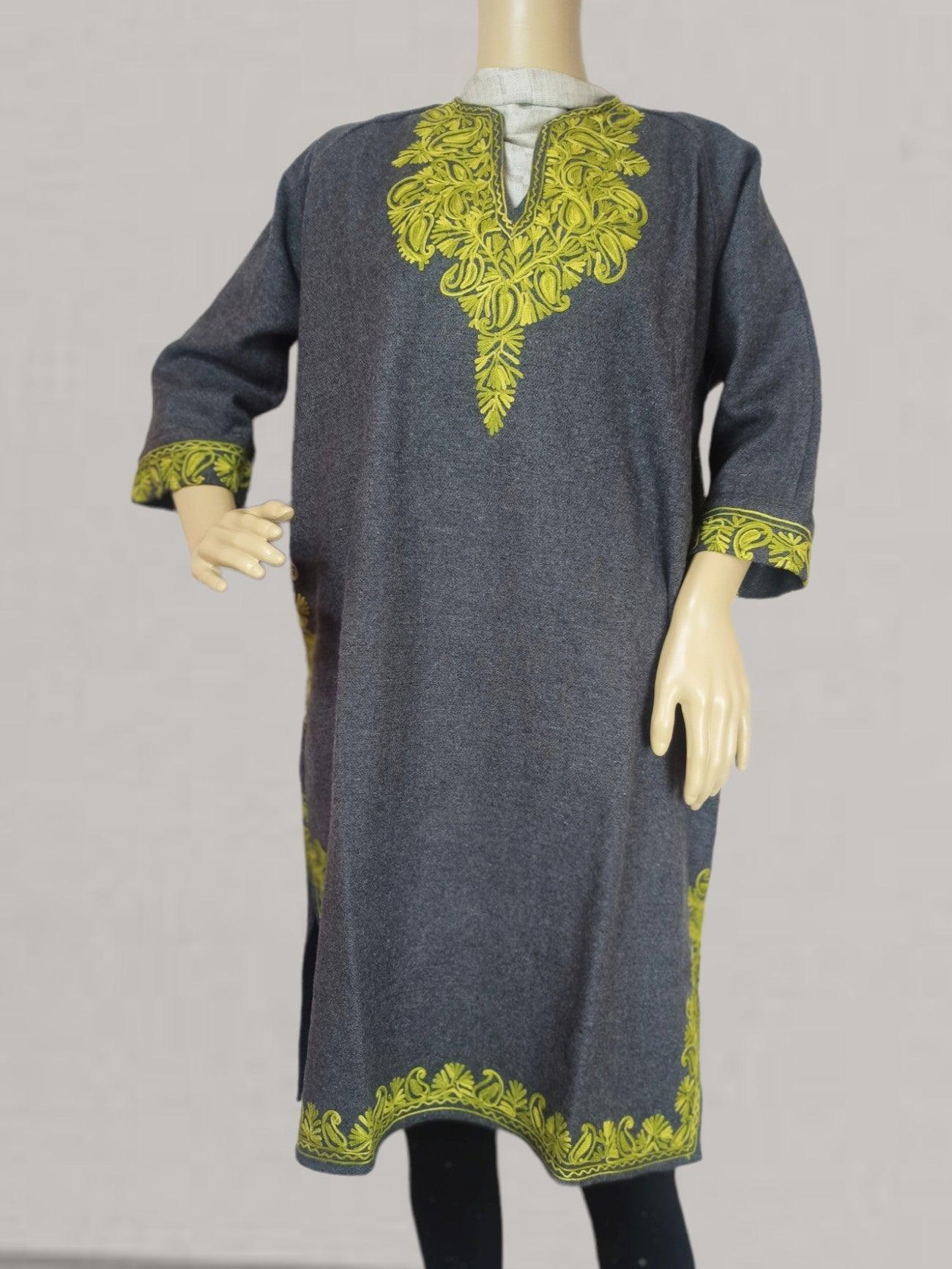 Grey woolen kurta with intricate yellow-green embroidery on neckline, cuffs, and hem displayed on mannequin