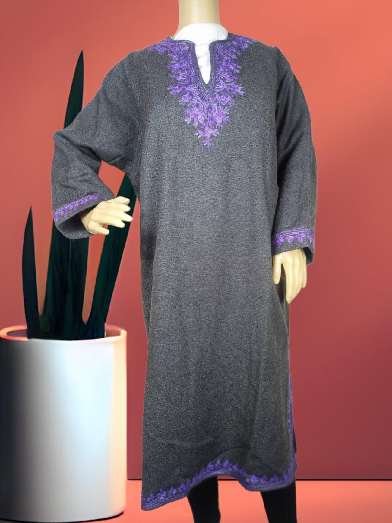 Grey long traditional kurta with purple floral embroidery on neckline, cuffs, and hem displayed on mannequin