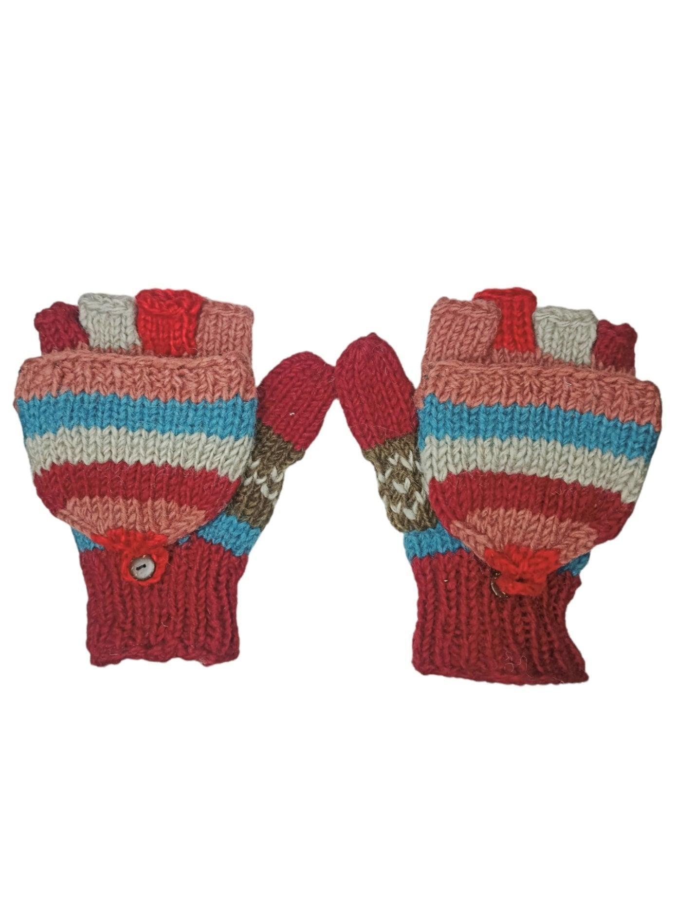 Hand-knitted multicolor fingerless gloves with foldable mitten flaps, featuring red, blue, and beige stripes