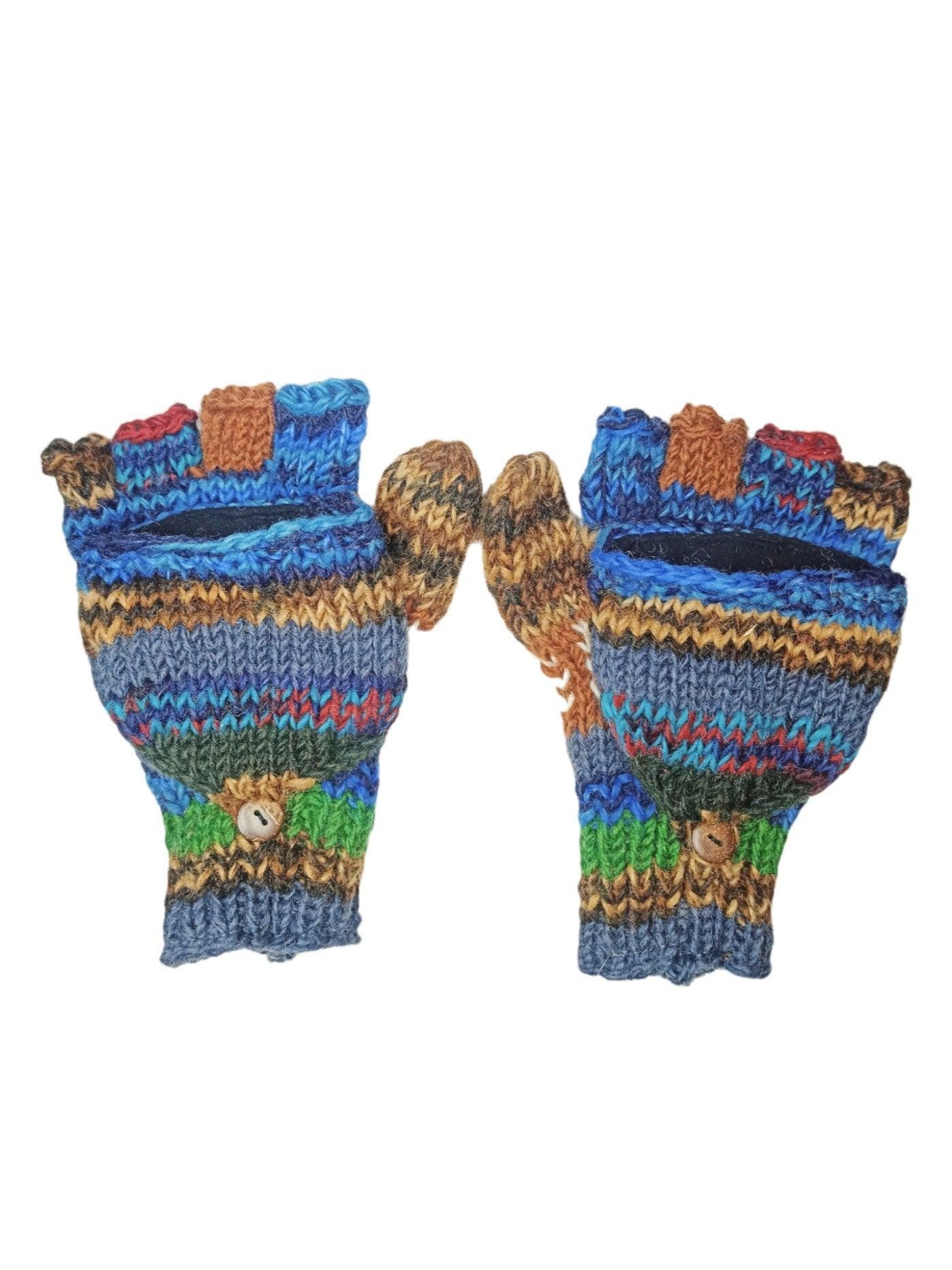 Colorful knitted fingerless gloves with thumb covers and wooden buttons from Zanskar Arts