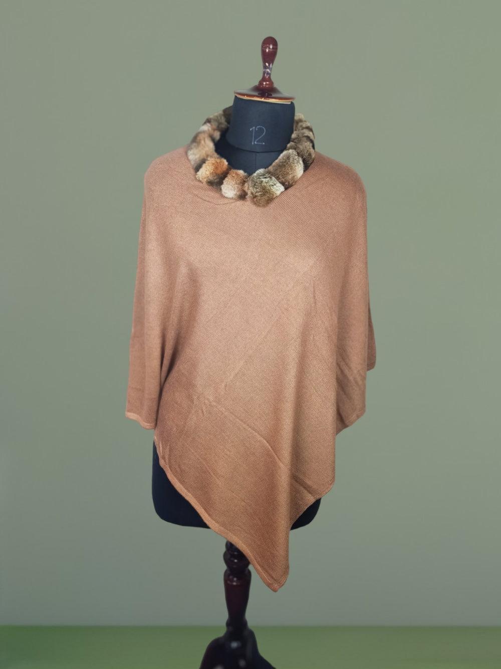 Plain Pashmina Panchu With Fur | Peanut Colour - ZANSKAR ARTS