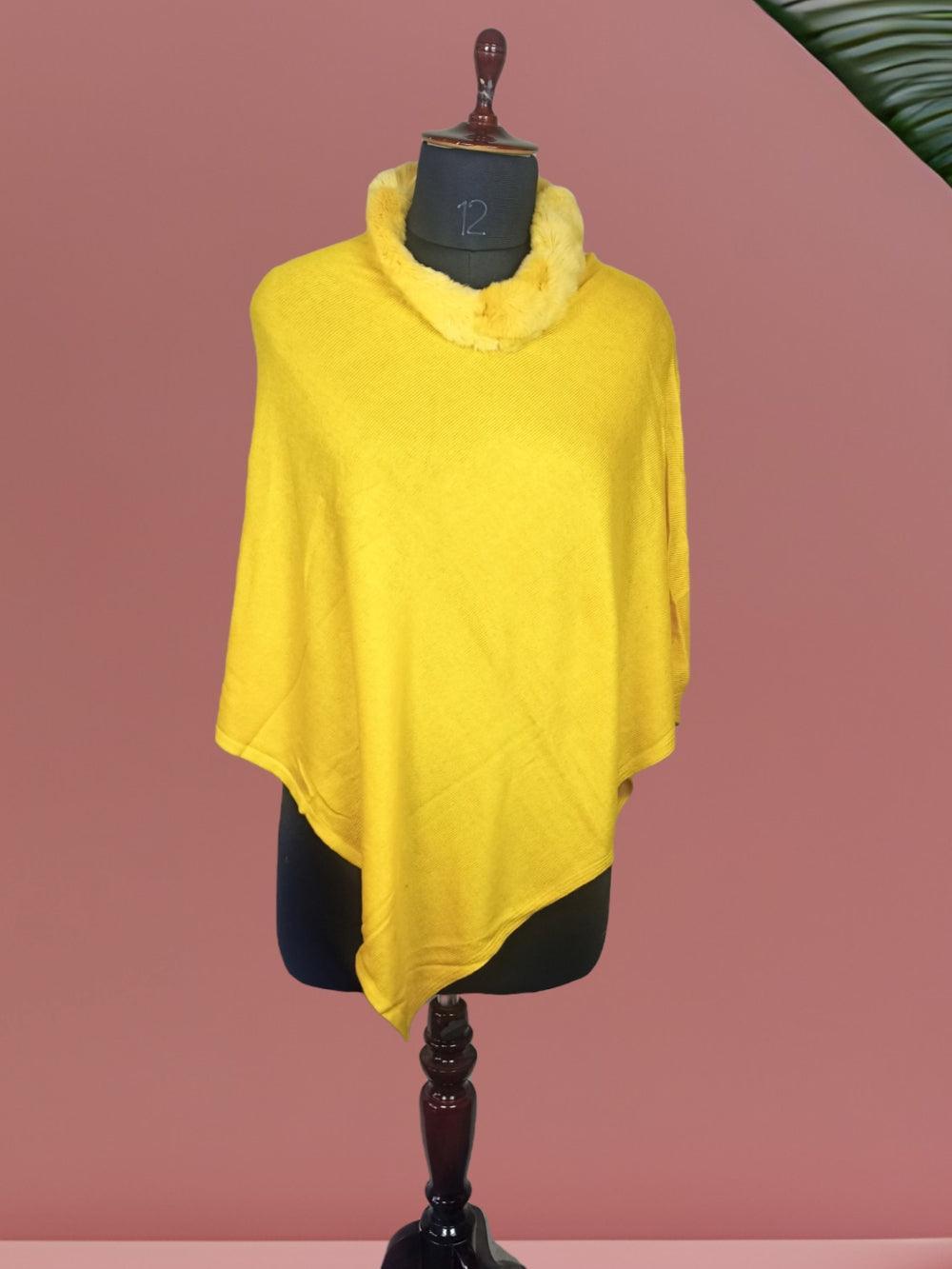 Plain Pashmina Panchu With Fur | Yallow Colour - ZANSKAR ARTS