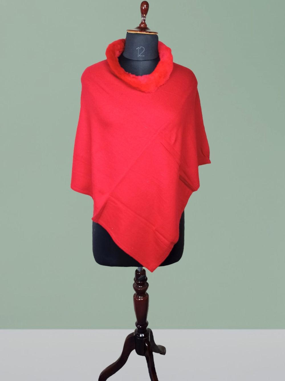 Plain Pashmina Panchu With Fur | Red Colour - ZANSKAR ARTS