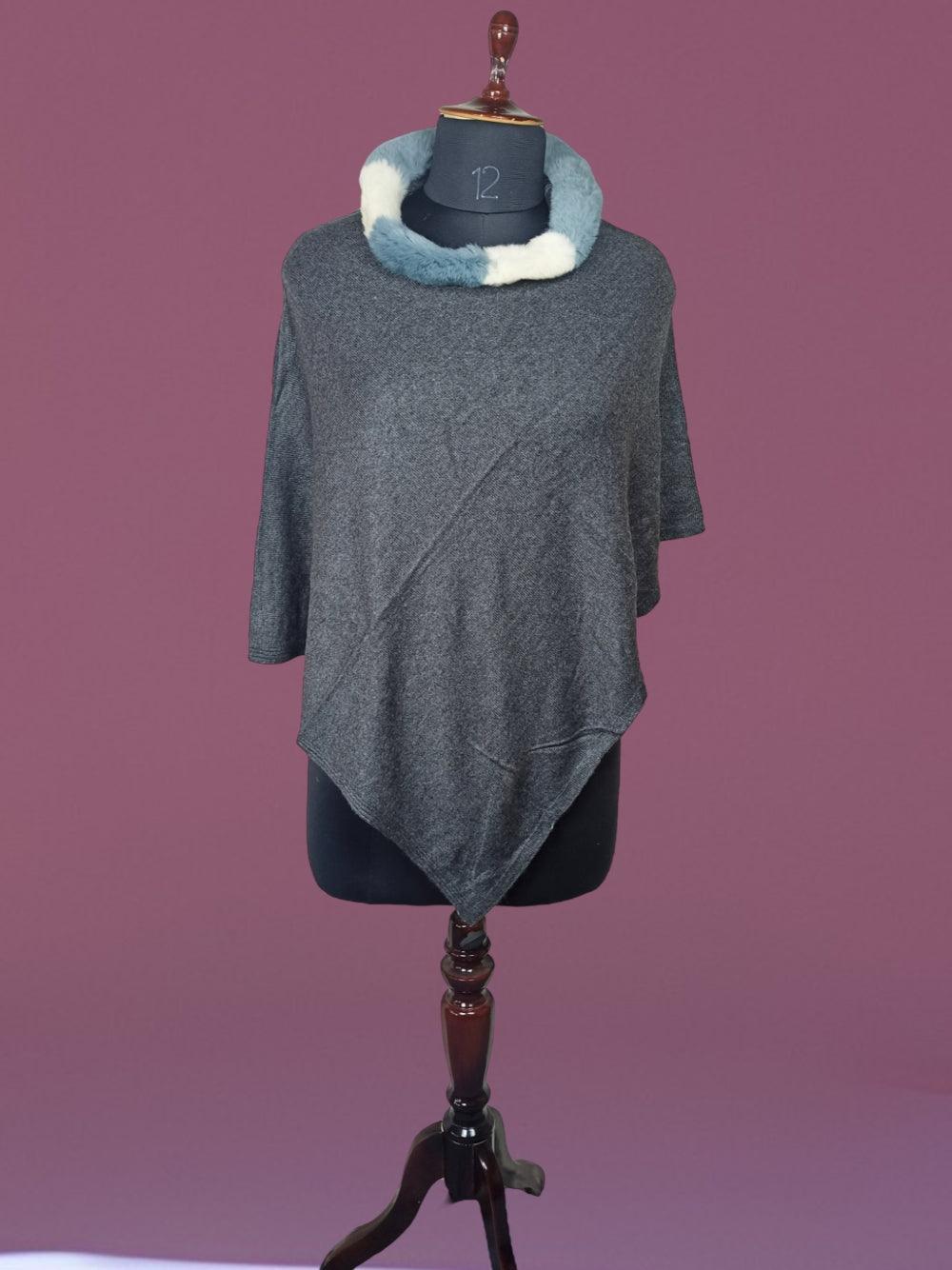 Plain Pashmina Panchu With Fur | Natural Black Colour - ZANSKAR ARTS