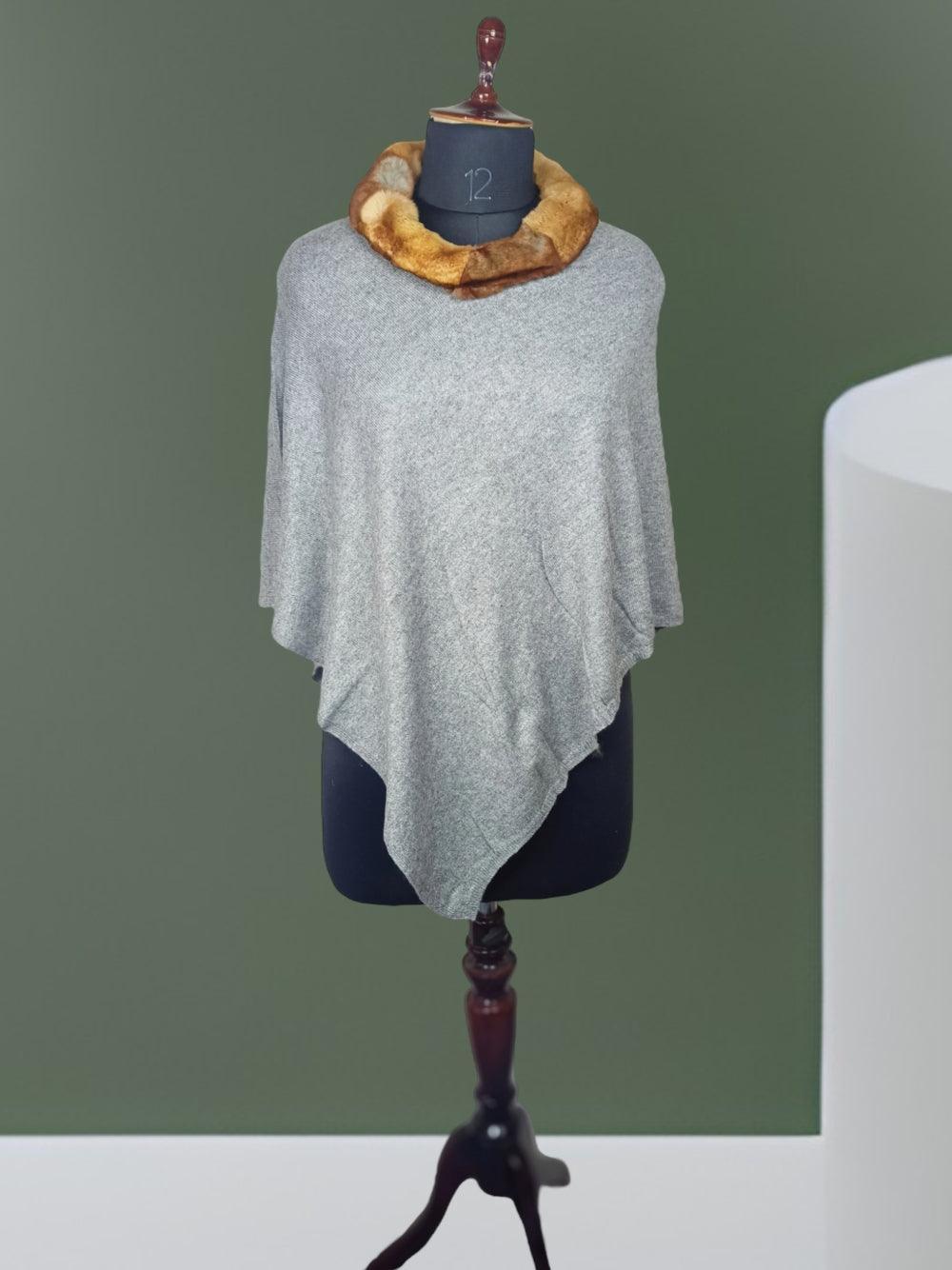 Plain Pashmina Panchu with Fur | Silver Colour - ZANSKAR ARTS