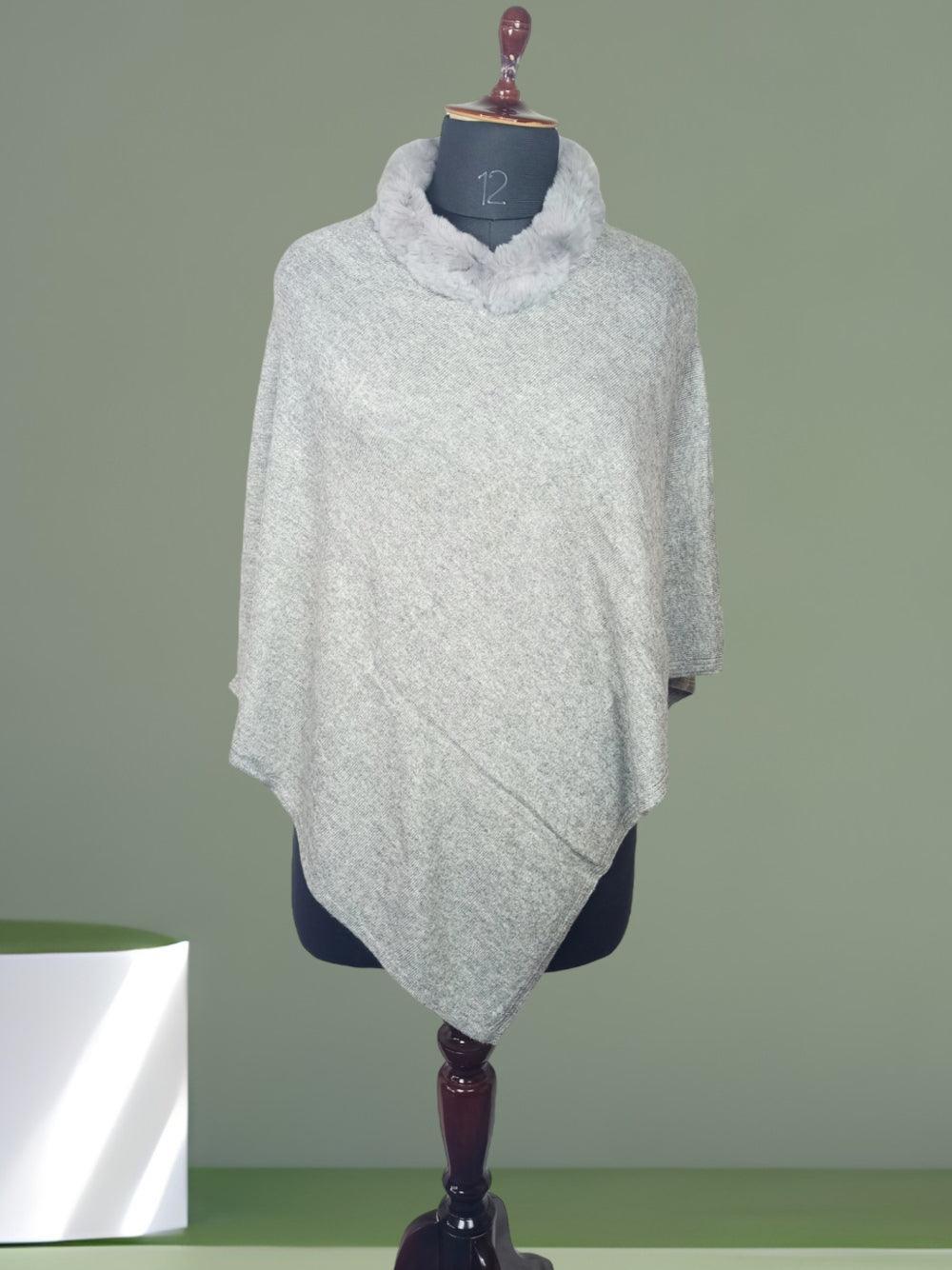 Plain Pashmina Panchu with Fur | Silver Colour - ZANSKAR ARTS