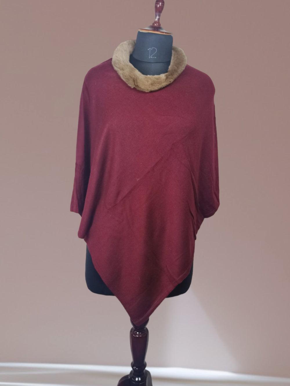 Plain Pashmina Panchu With Fur | Maroon Colour - ZANSKAR ARTS