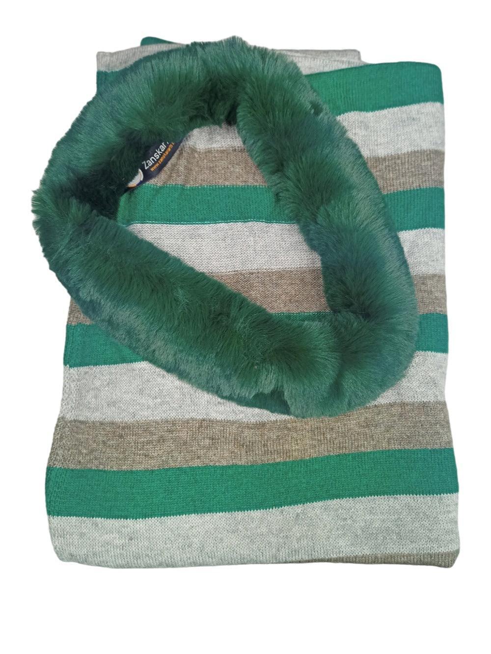 Strip Pashmina Panchu with Fur | Multi Colour - ZANSKAR ARTS