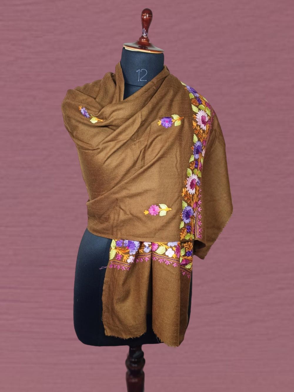 Ari Work Border Stole | Brown Colour - ZANSKAR ARTS