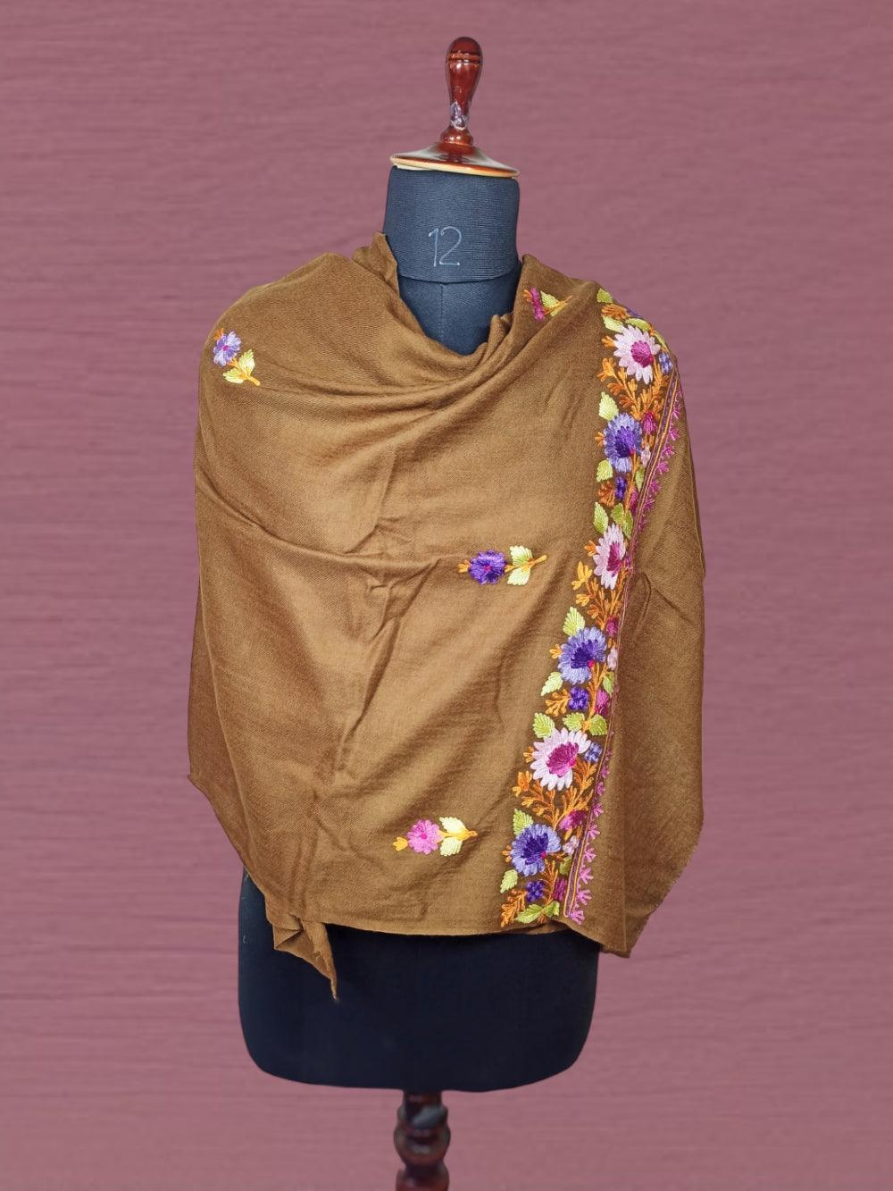 Ari Work Border Stole | Brown Colour - ZANSKAR ARTS