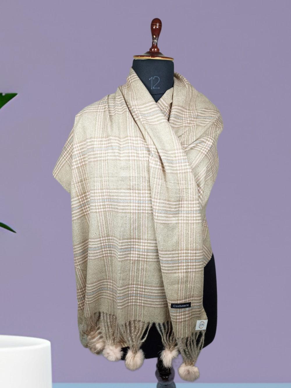 Cashmere Woolen Stole | Reversible Stole | Check Design With Fur Balls - ZANSKAR ARTS