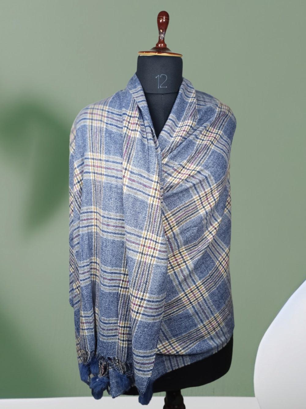 Cashmere Woolen Stole | Reversible Stole | Check Design With Fur Balls - ZANSKAR ARTS