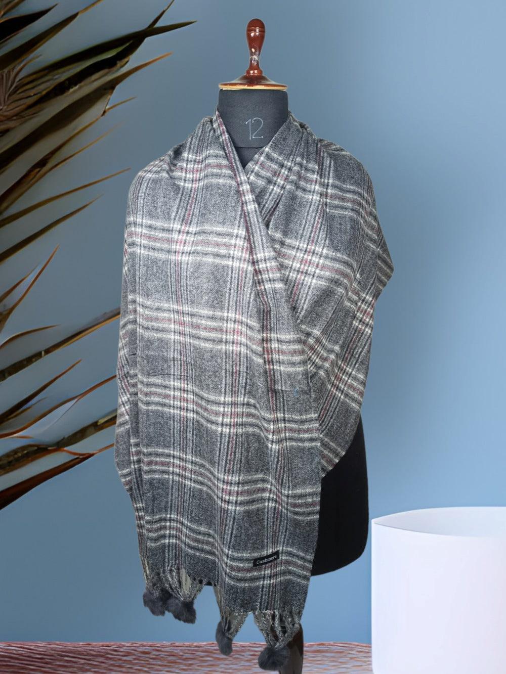 Cashmere Woolen Stole | Reversible Stole | Check Design With Fur Balls - ZANSKAR ARTS