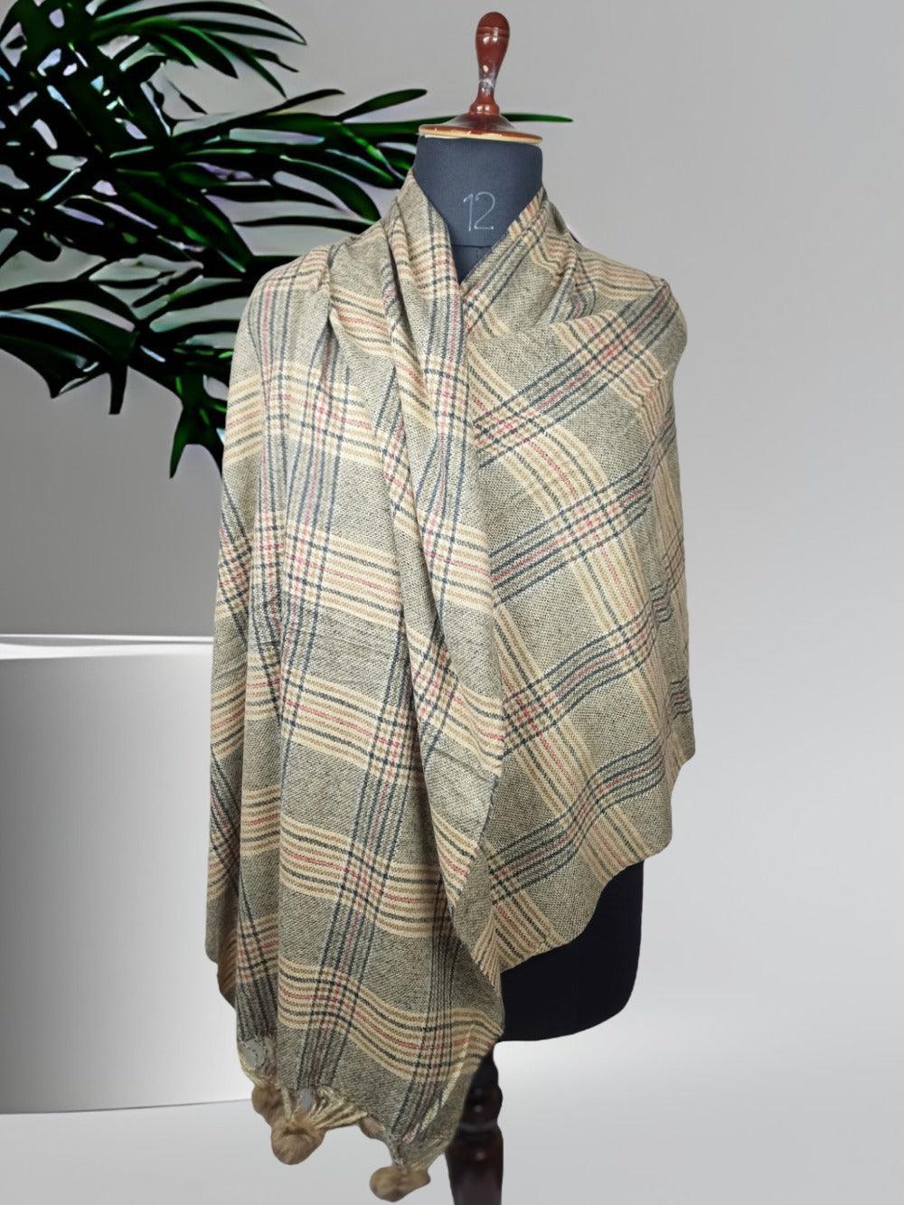 Cashmere Woolen Stole | Reversible Stole | Check Design With Fur Balls - ZANSKAR ARTS