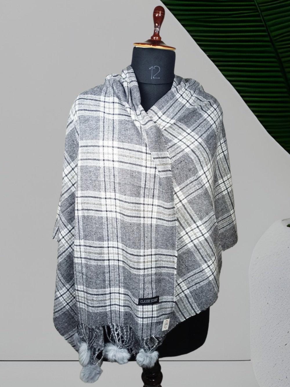 Cashmere Woolen Stole | Reversible Stole | Check Design With Fur Balls - ZANSKAR ARTS