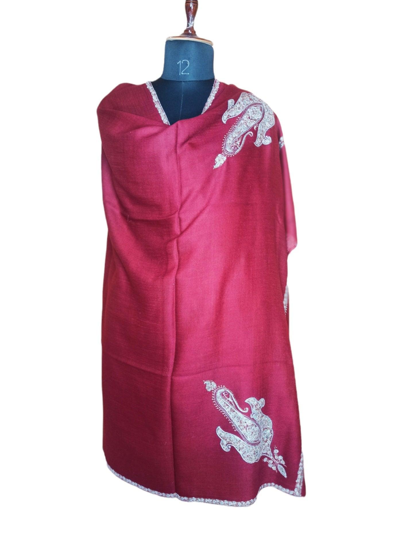 Fine Wool Shawl | Needle Work Shawl | Maaroon - ZANSKAR ARTS