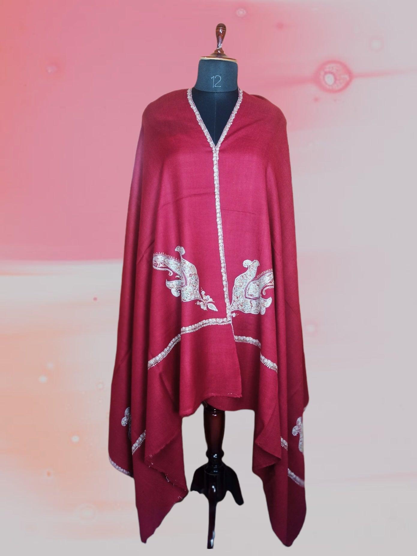 Fine Wool Shawl | Needle Work Shawl | Maaroon - ZANSKAR ARTS