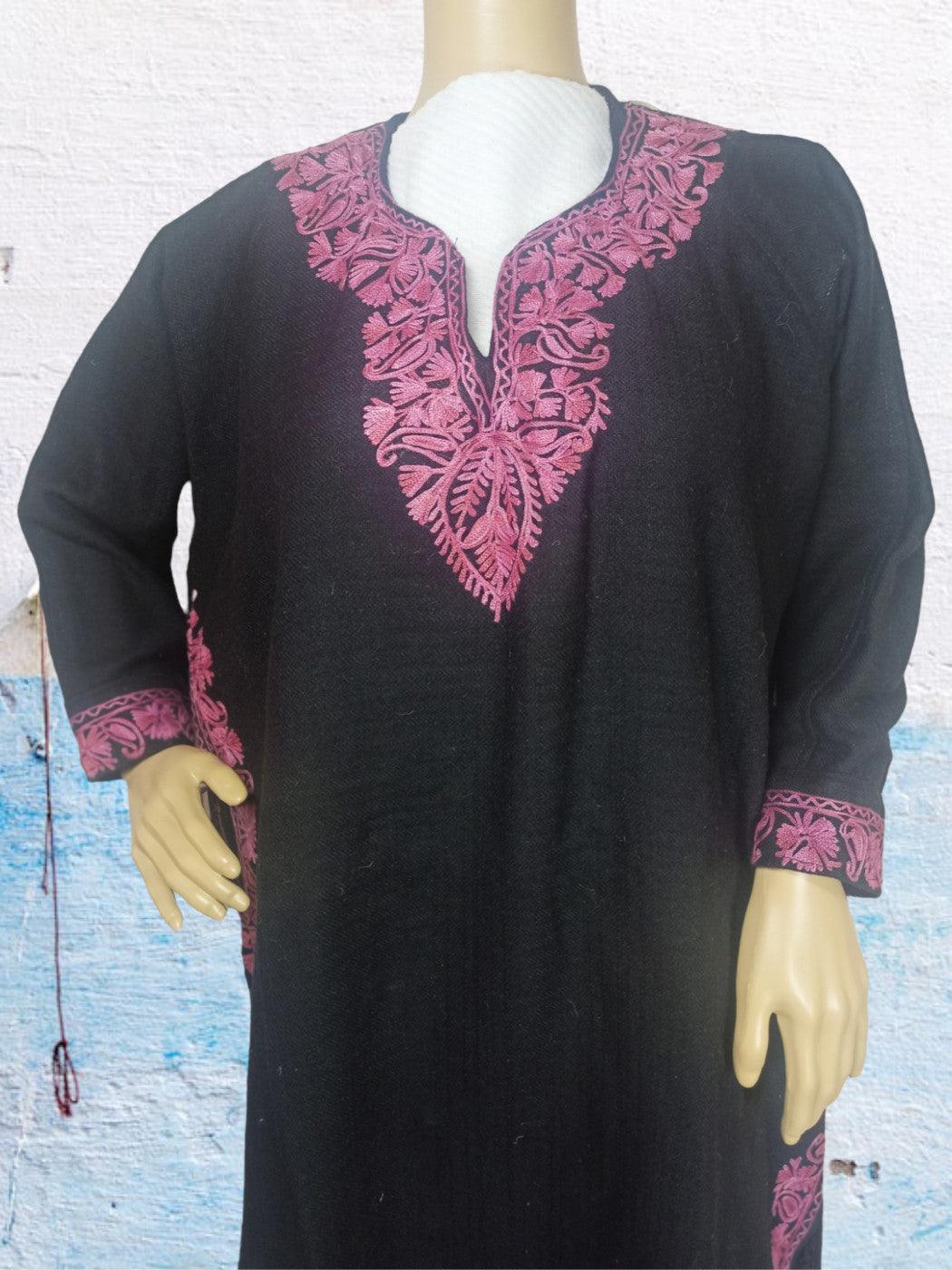 Kids black Yak wool Faran Pheran with pink floral embroidery on neckline and cuffs, traditional Kashmiri wear