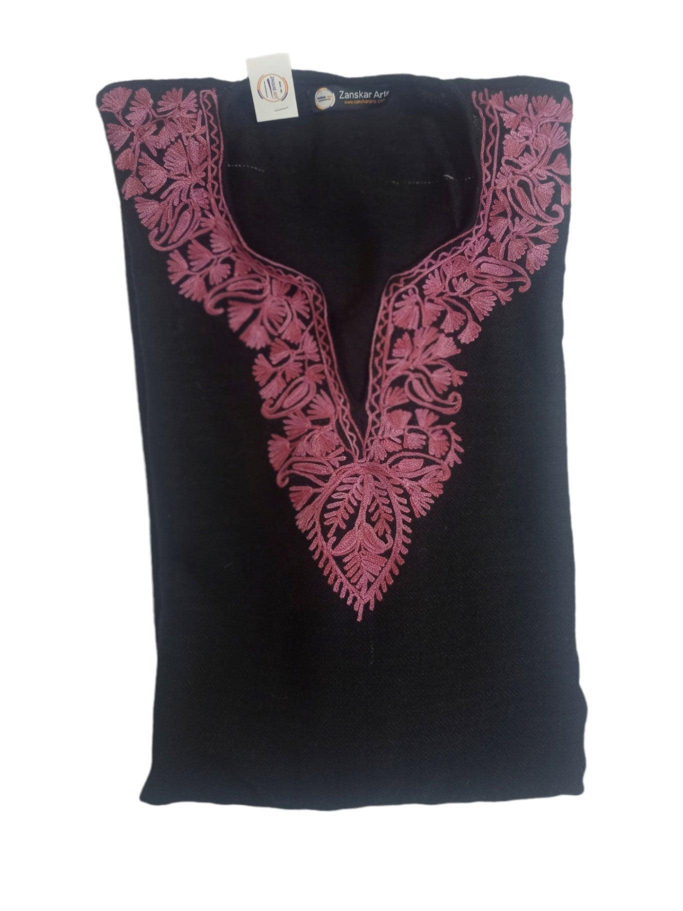 Black kids yak wool pheran with pink floral embroidery around V-neck by Zanskar Arts