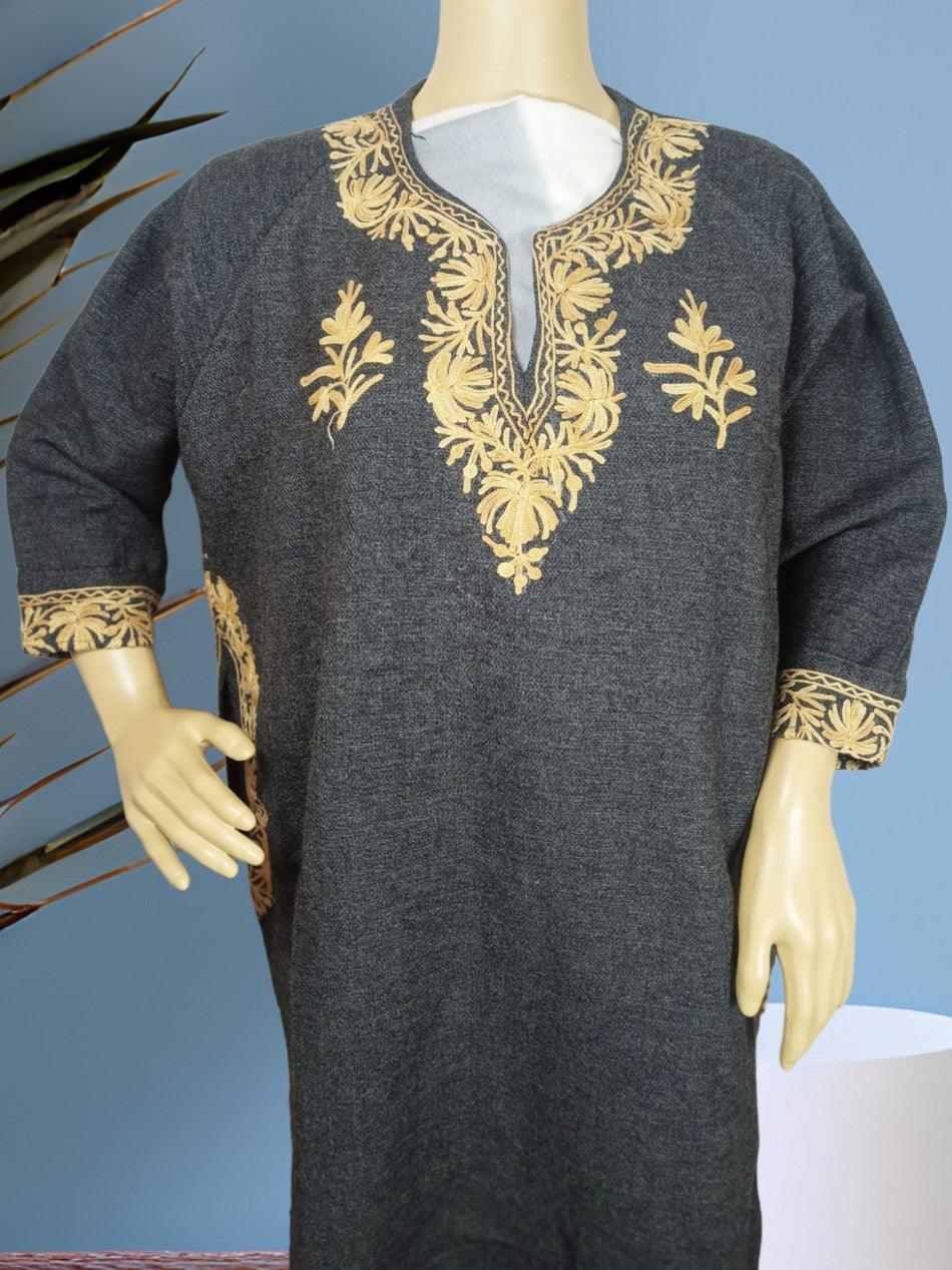 Dark grey kids yak wool faran pheran with yellow floral embroidery on neckline and sleeves, displayed on mannequin