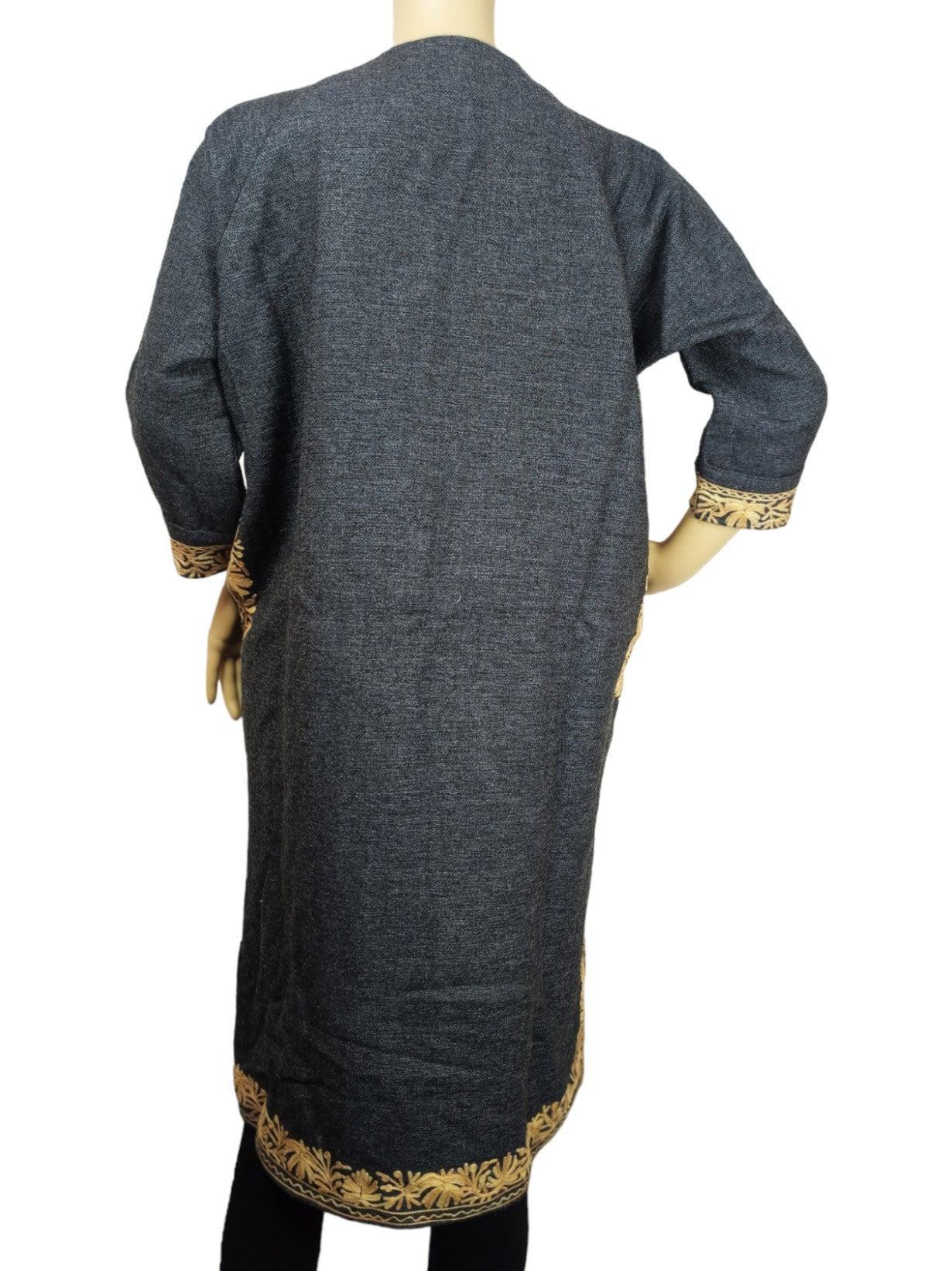 Back view of kids dark grey yak wool faran pheran with golden floral embroidery cuffs and hem from Zanskar Arts
