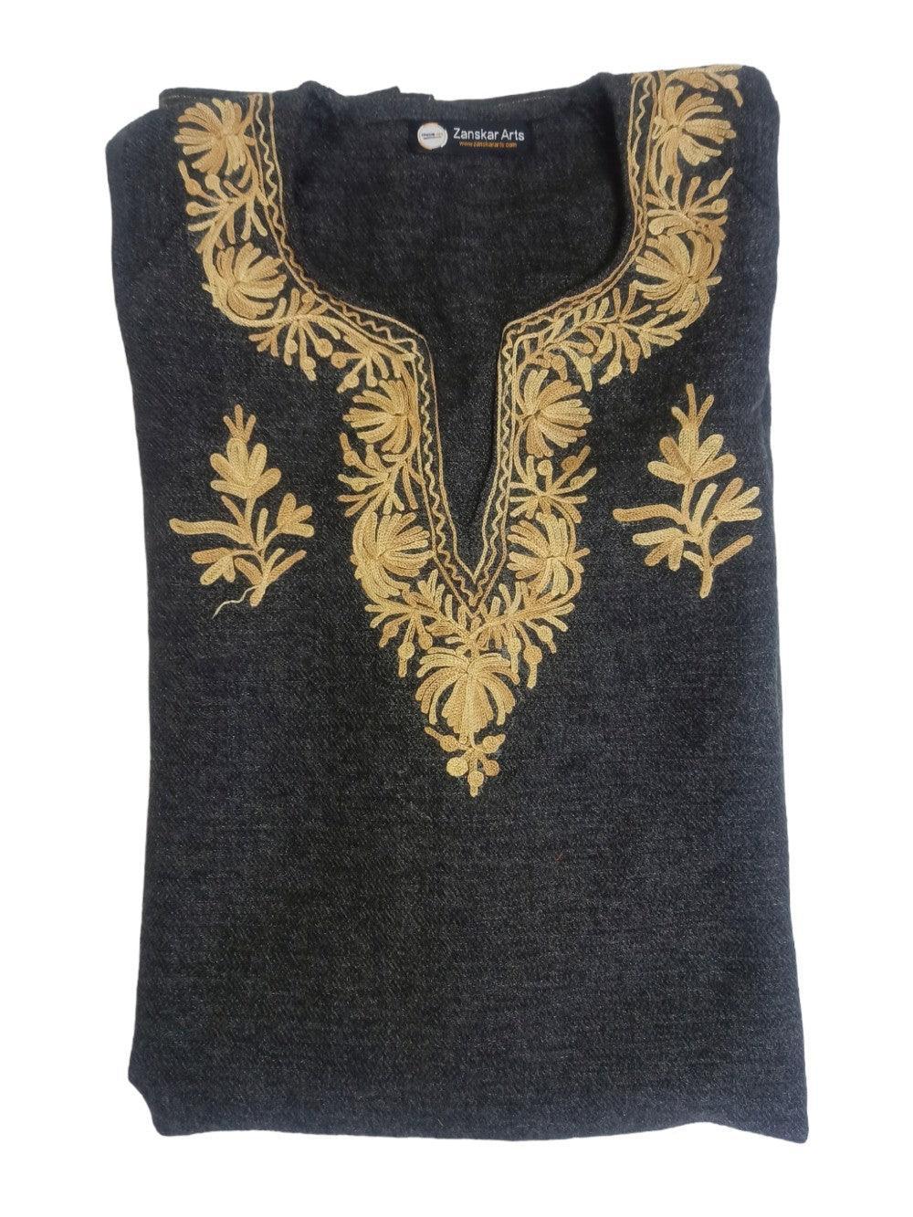 Dark grey kids Yak wool faran pheran with golden floral embroidery around V-neck by Zanskar Arts