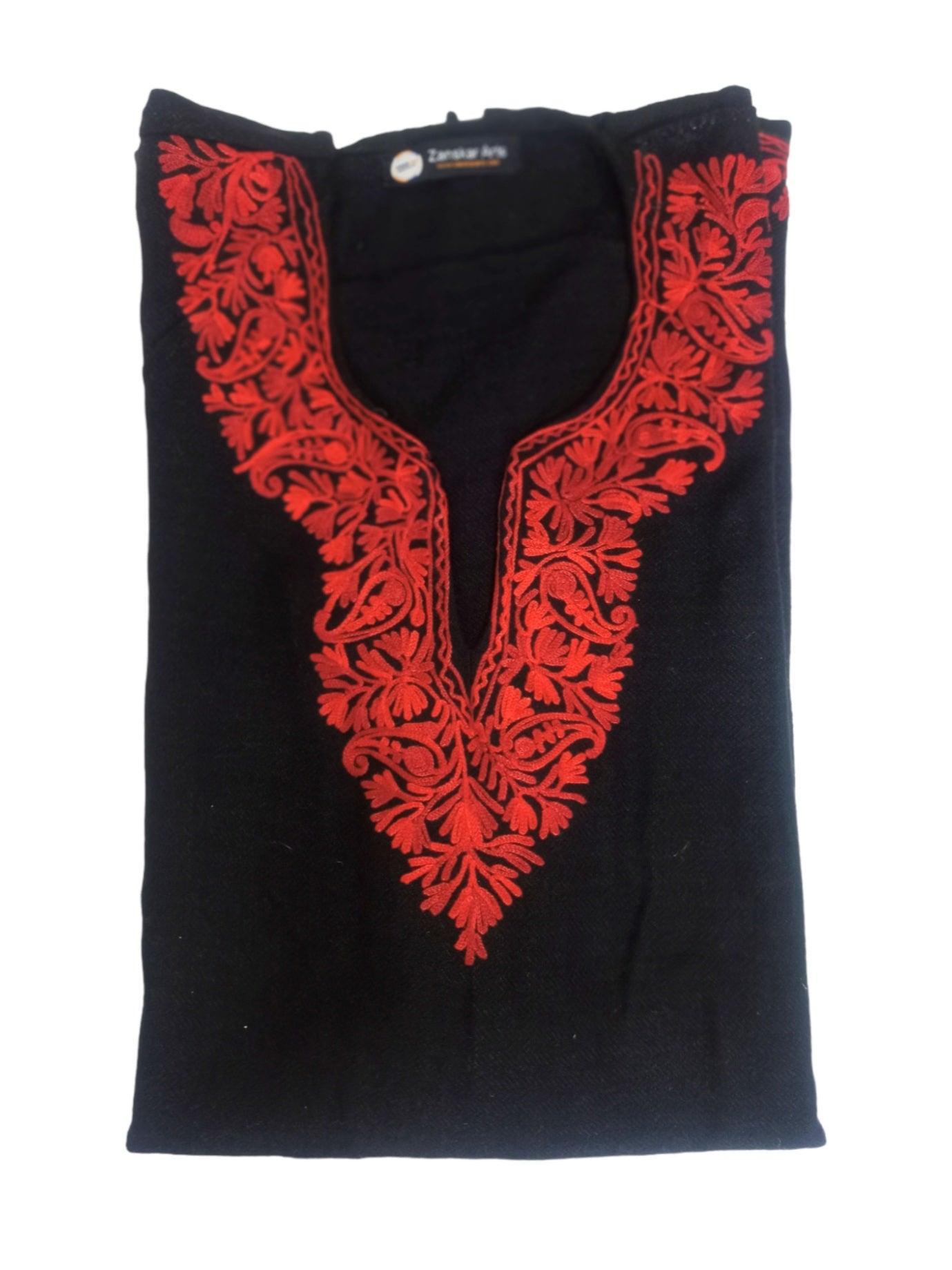 Folded black kids yak wool faran pheran with red floral embroidery on V-neck by Zanskar Arts