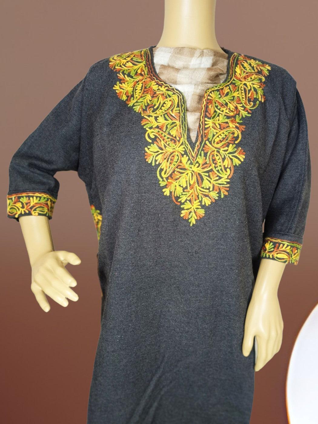 Kids grey yak wool faran pheran with vibrant yellow and orange embroidery on neckline and sleeves
