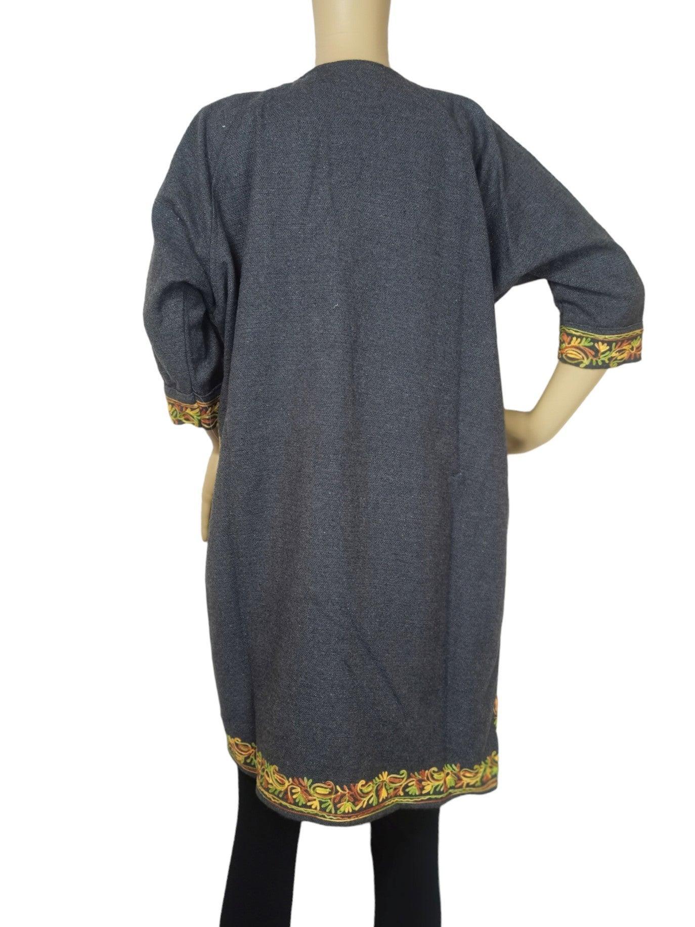 Back view of grey kids yak wool pheran with colorful floral embroidery on sleeves and hem