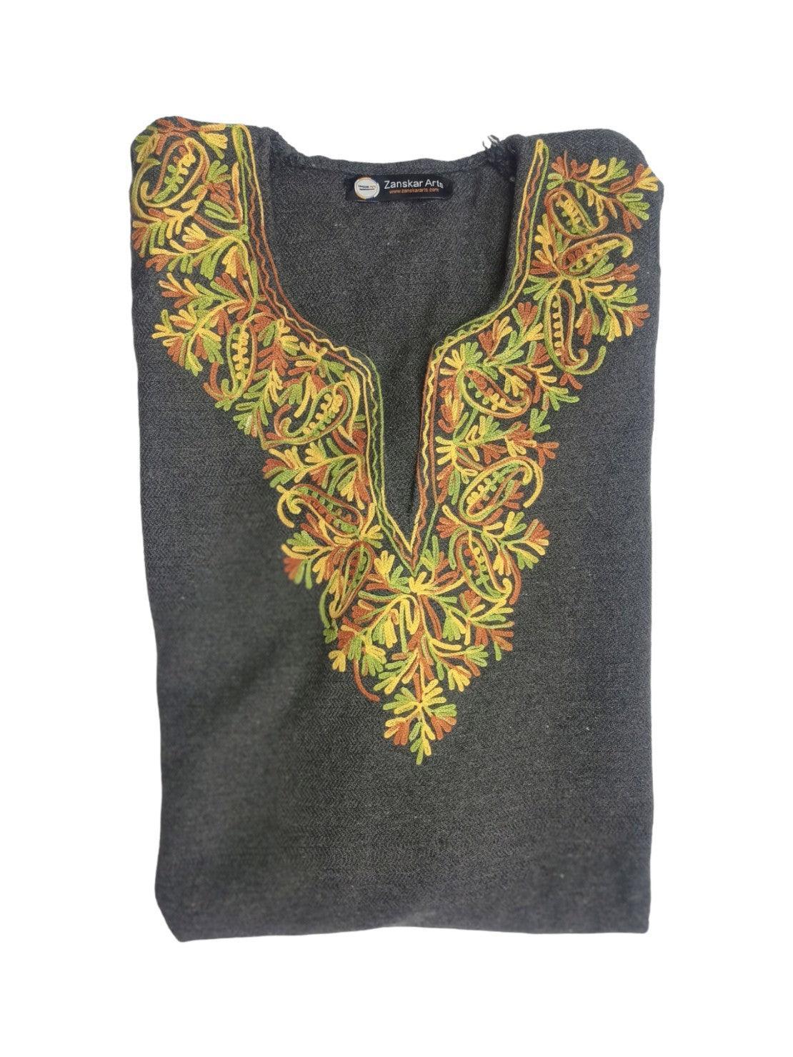 Folded grey kids yak wool faran pheran with colorful orange and green floral embroidery at the V-neck from Zanskar Arts