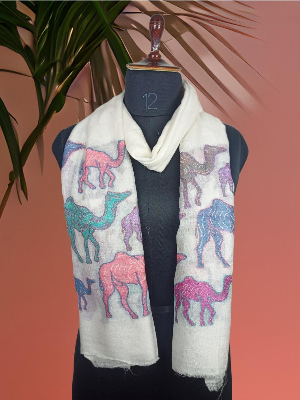 Pashmina Stole | Camel Designed Stole | White Colour - ZANSKAR ARTS