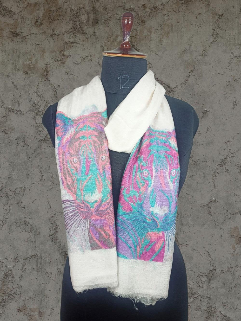 Pashmina Stole | Tiger Designed Stole | WhiteColour - ZANSKAR ARTS