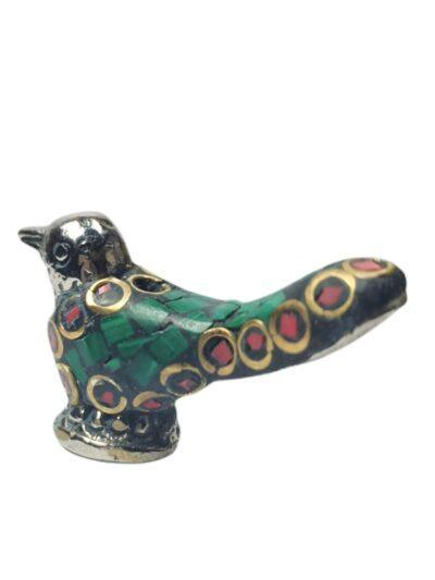 Decorative pigeon-shaped incense holder with green and gold mosaic design from Zanskar Arts