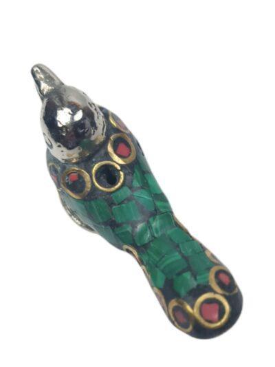 Stonework pigeon incense holder with green mosaic and red-gold circular patterns, home decor from Zanskar Arts