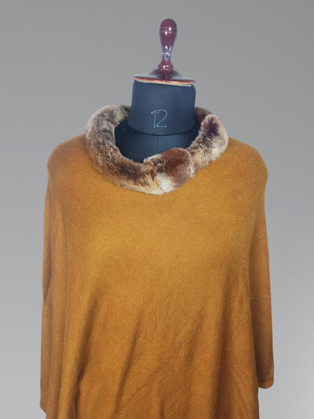 Plain Pashmina Panchu With Fur | Brown Colour - ZANSKAR ARTS