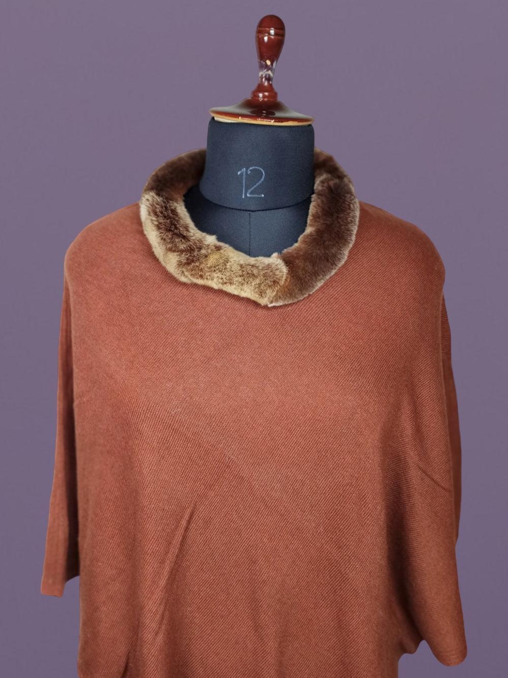 Plain Pashmina Panchu With Fur | Cennamon Colour - ZANSKAR ARTS