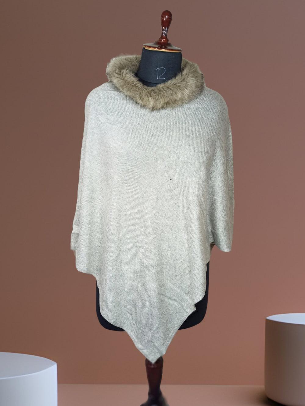 Plain Pashmina Panchu with Fur | Cloud Colour - ZANSKAR ARTS