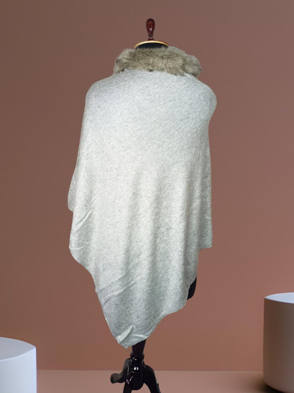 Plain Pashmina Panchu with Fur | Cloud Colour - ZANSKAR ARTS