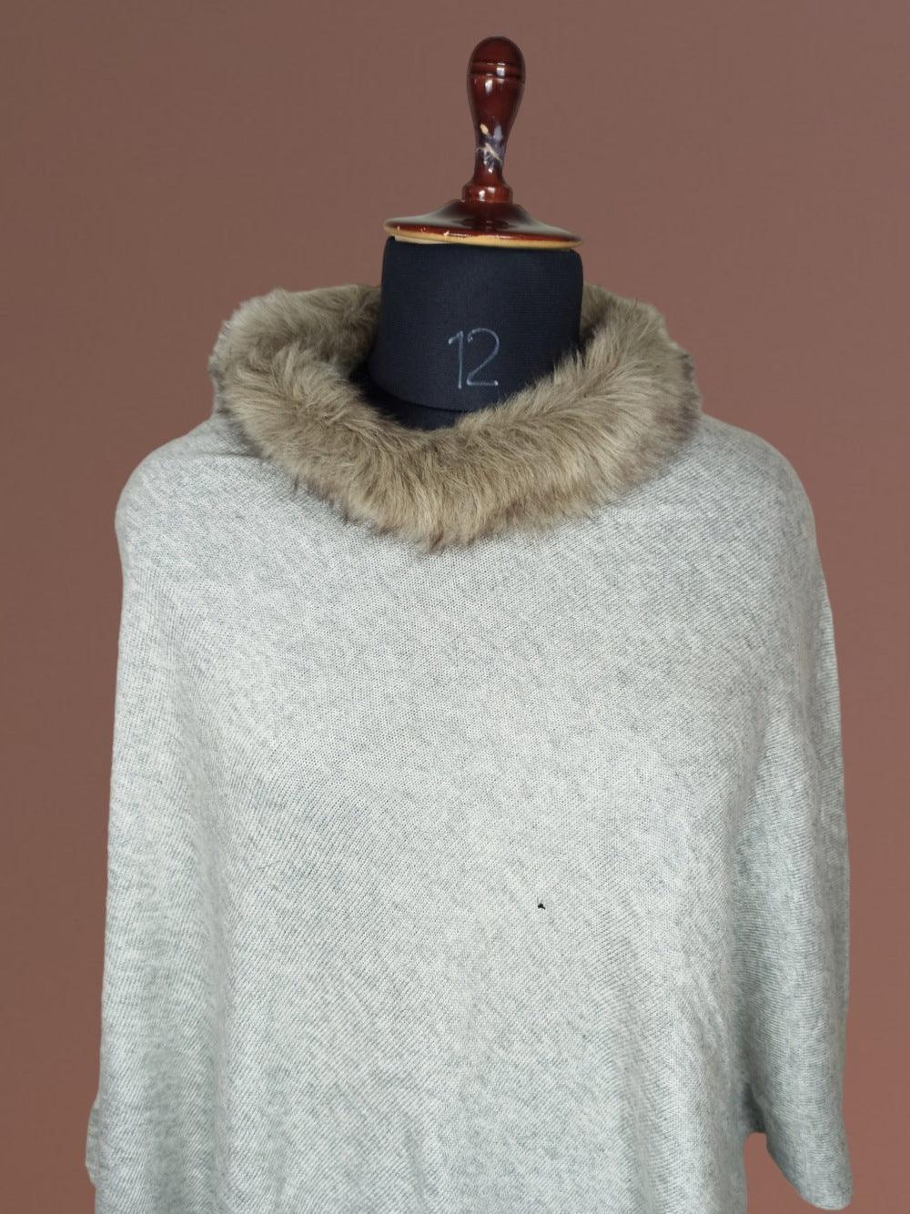 Plain Pashmina Panchu with Fur | Cloud Colour - ZANSKAR ARTS