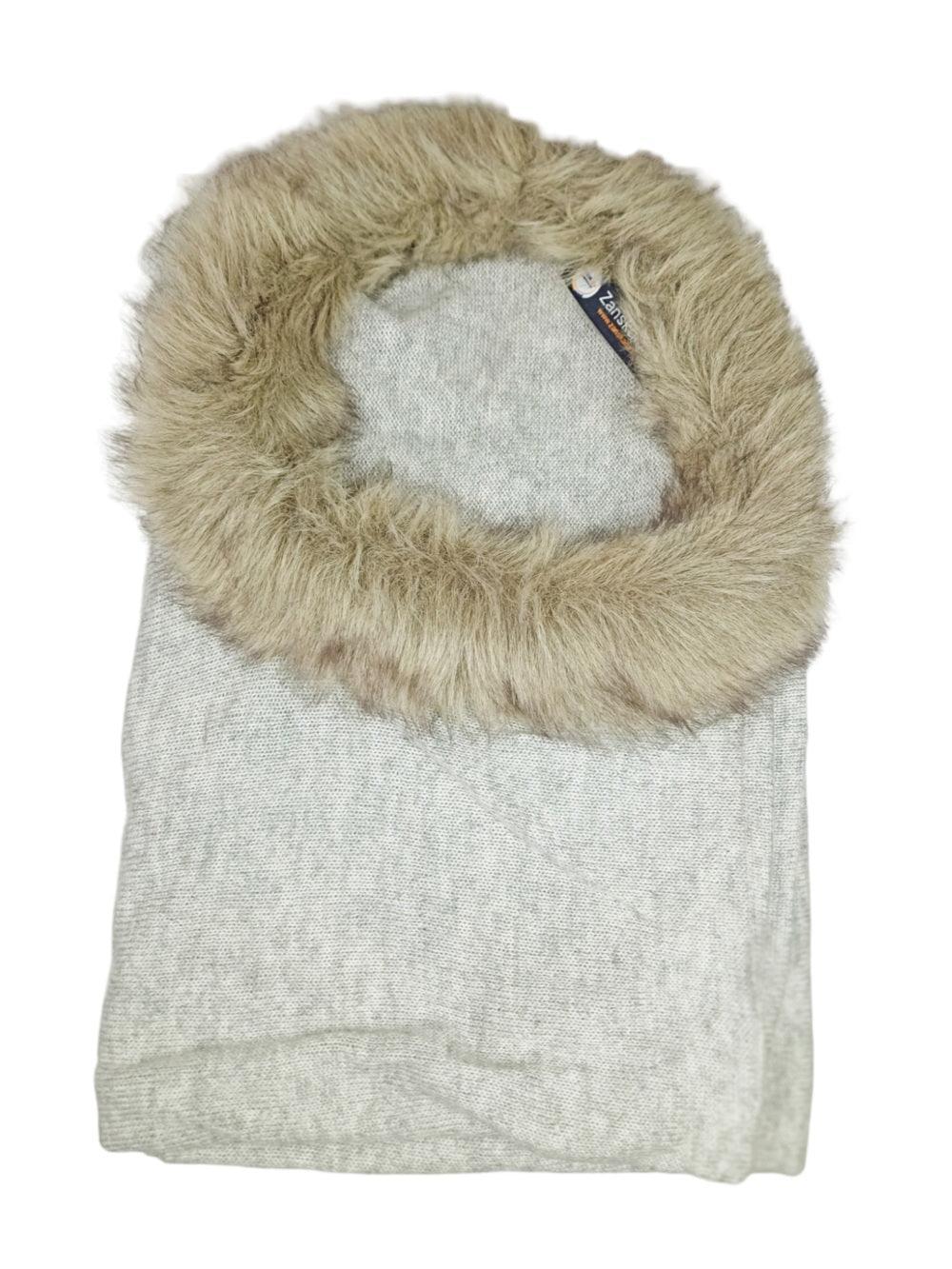 Plain Pashmina Panchu with Fur | Cloud Colour - ZANSKAR ARTS