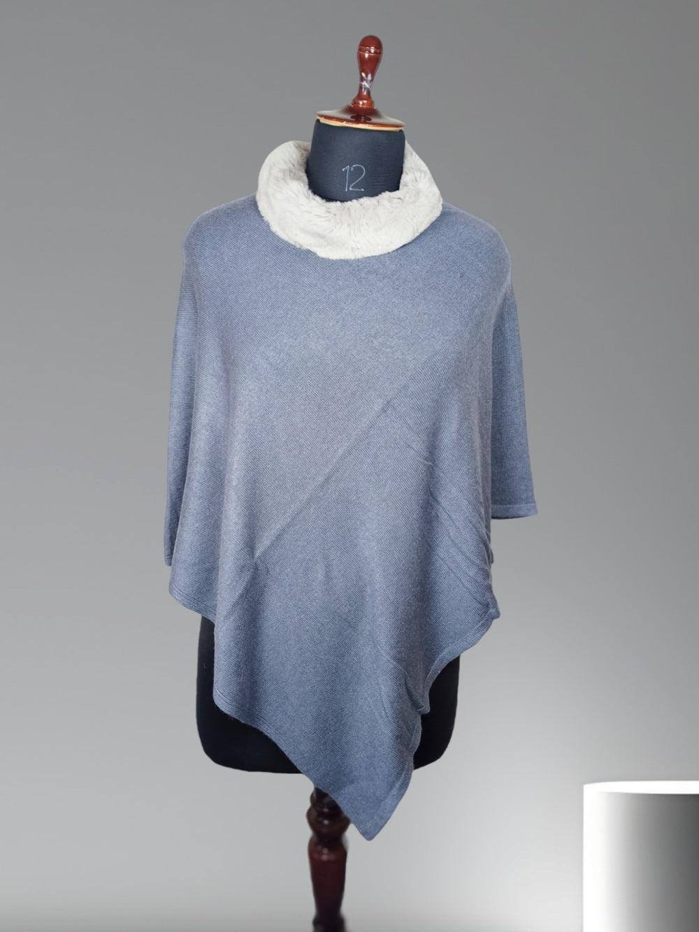 Plain Pashmina Panchu with Fur | Dark Grey Colour - ZANSKAR ARTS