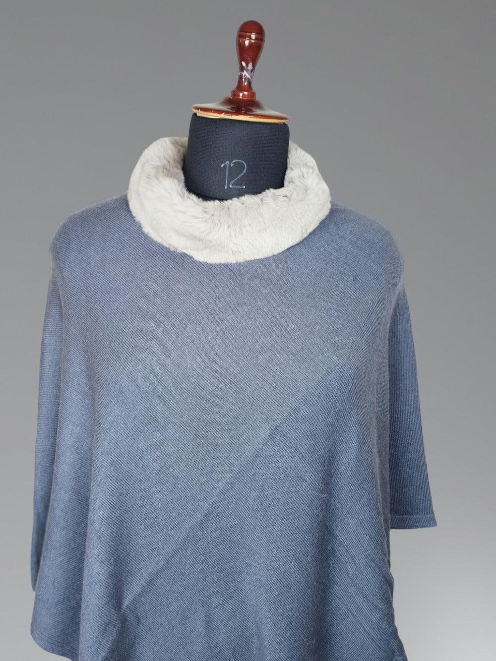 Plain Pashmina Panchu with Fur | Dark Grey Colour - ZANSKAR ARTS