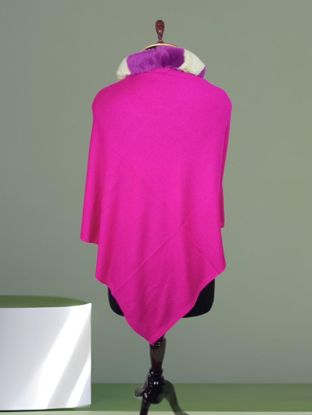 Plain Pashmina Panchu With Fur | Hot Pink Colour - ZANSKAR ARTS