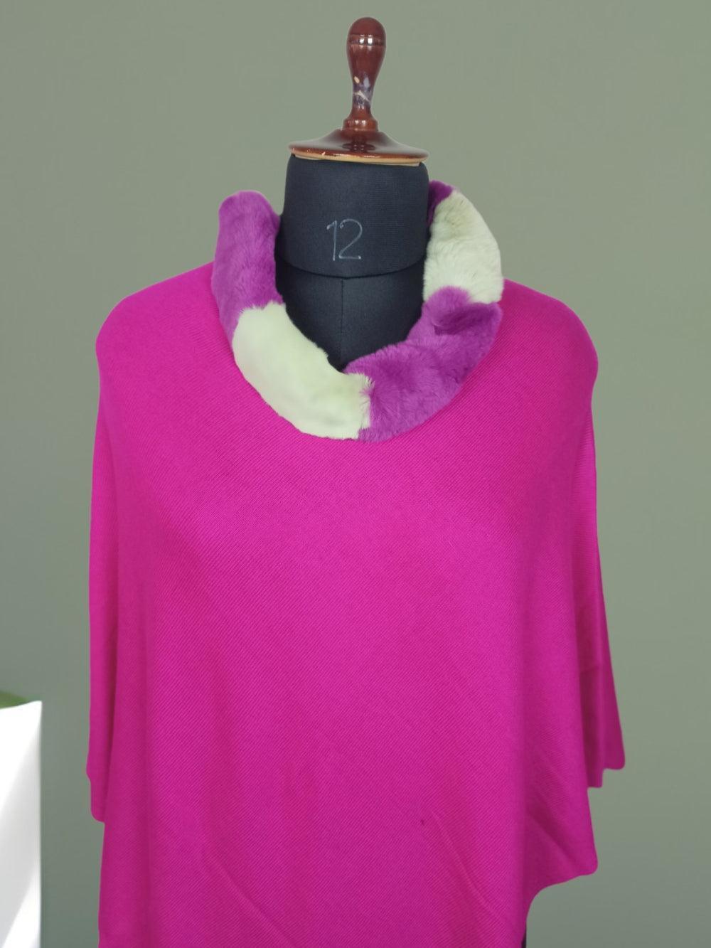 Plain Pashmina Panchu With Fur | Hot Pink Colour - ZANSKAR ARTS