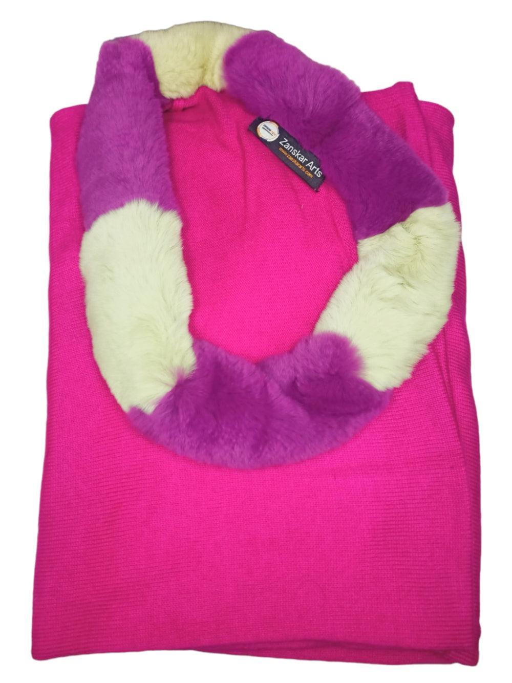 Plain Pashmina Panchu With Fur | Hot Pink Colour - ZANSKAR ARTS