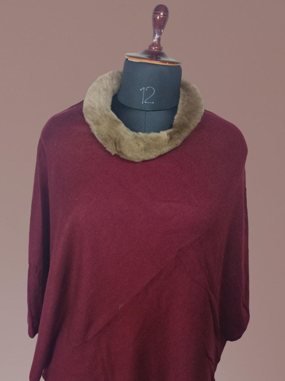 Plain Pashmina Panchu With Fur | Maroon Colour - ZANSKAR ARTS