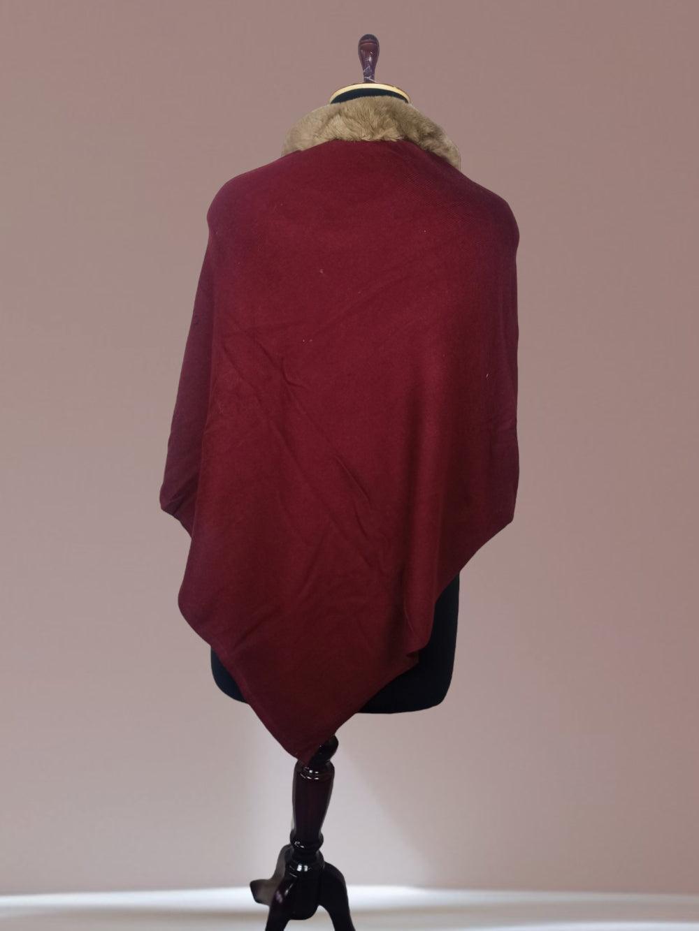 Plain Pashmina Panchu With Fur | Maroon Colour - ZANSKAR ARTS