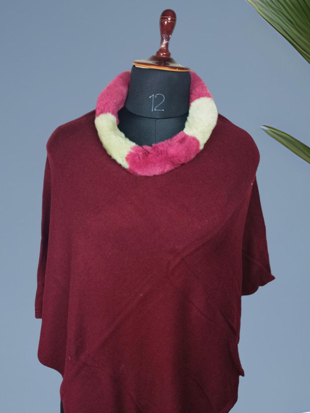 Plain Pashmina Panchu With Fur | Maroon Colour - ZANSKAR ARTS