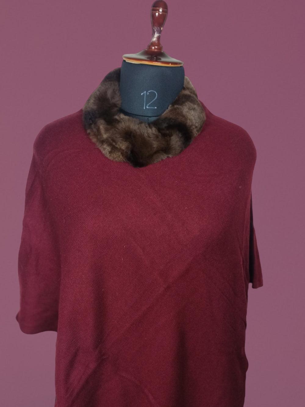 Plain Pashmina Panchu With Fur | Maroon Colour - ZANSKAR ARTS